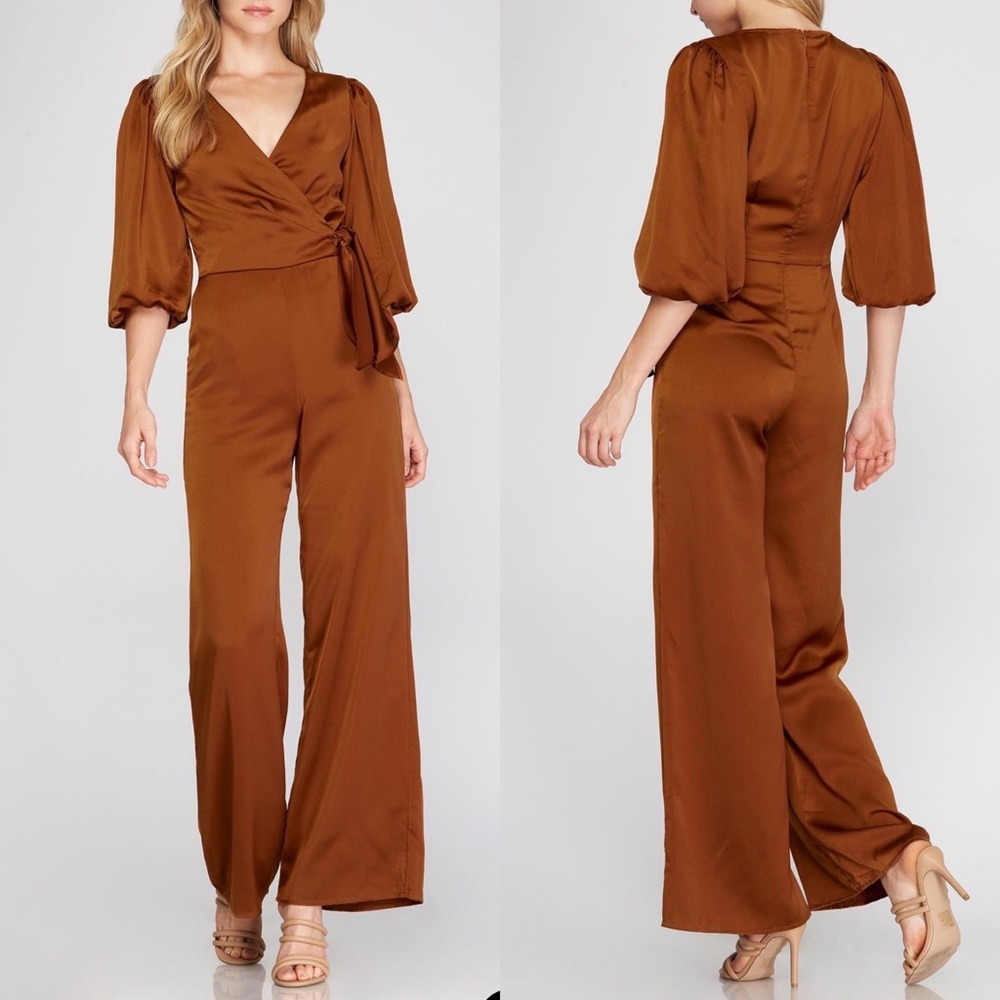 She + Sky Rust Brown Satin Wrap Jumpsuit